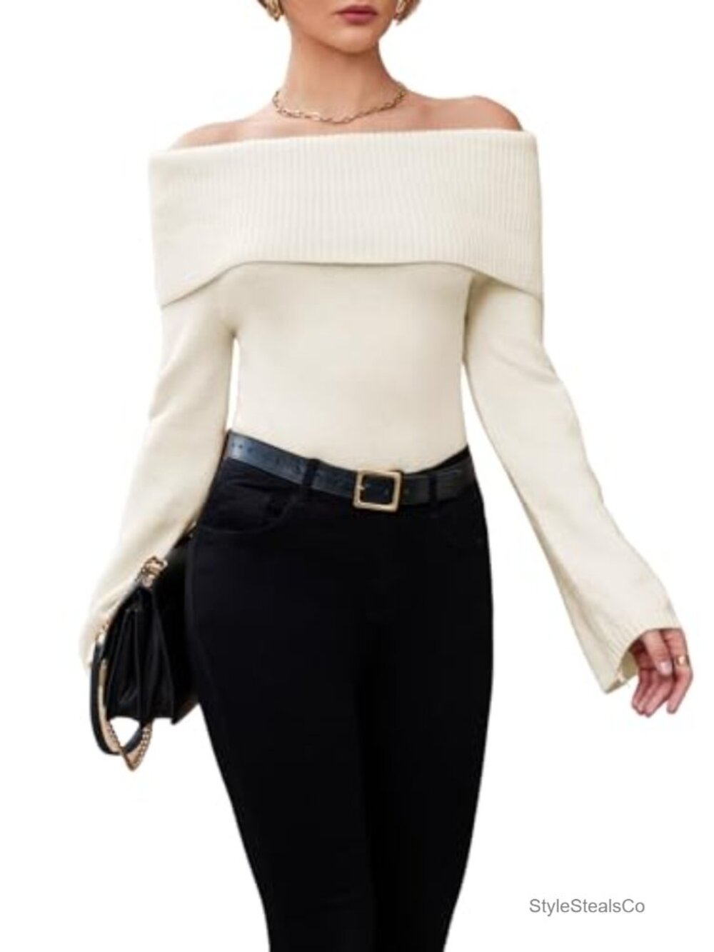 Ribbed Knit Off Shoulder Sweater Long Sleeve Pullover
